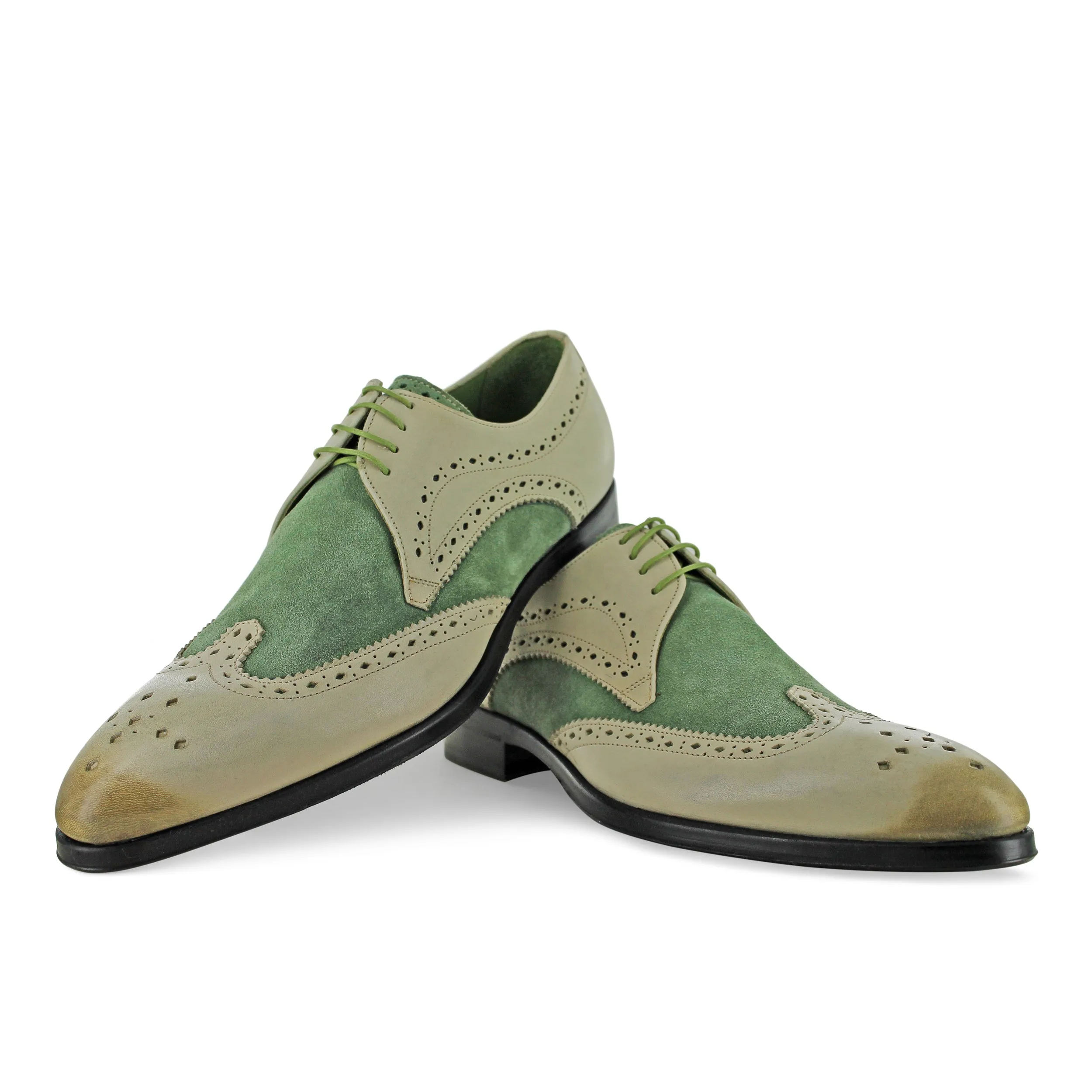1312 - Beige With Green Suede Brogue