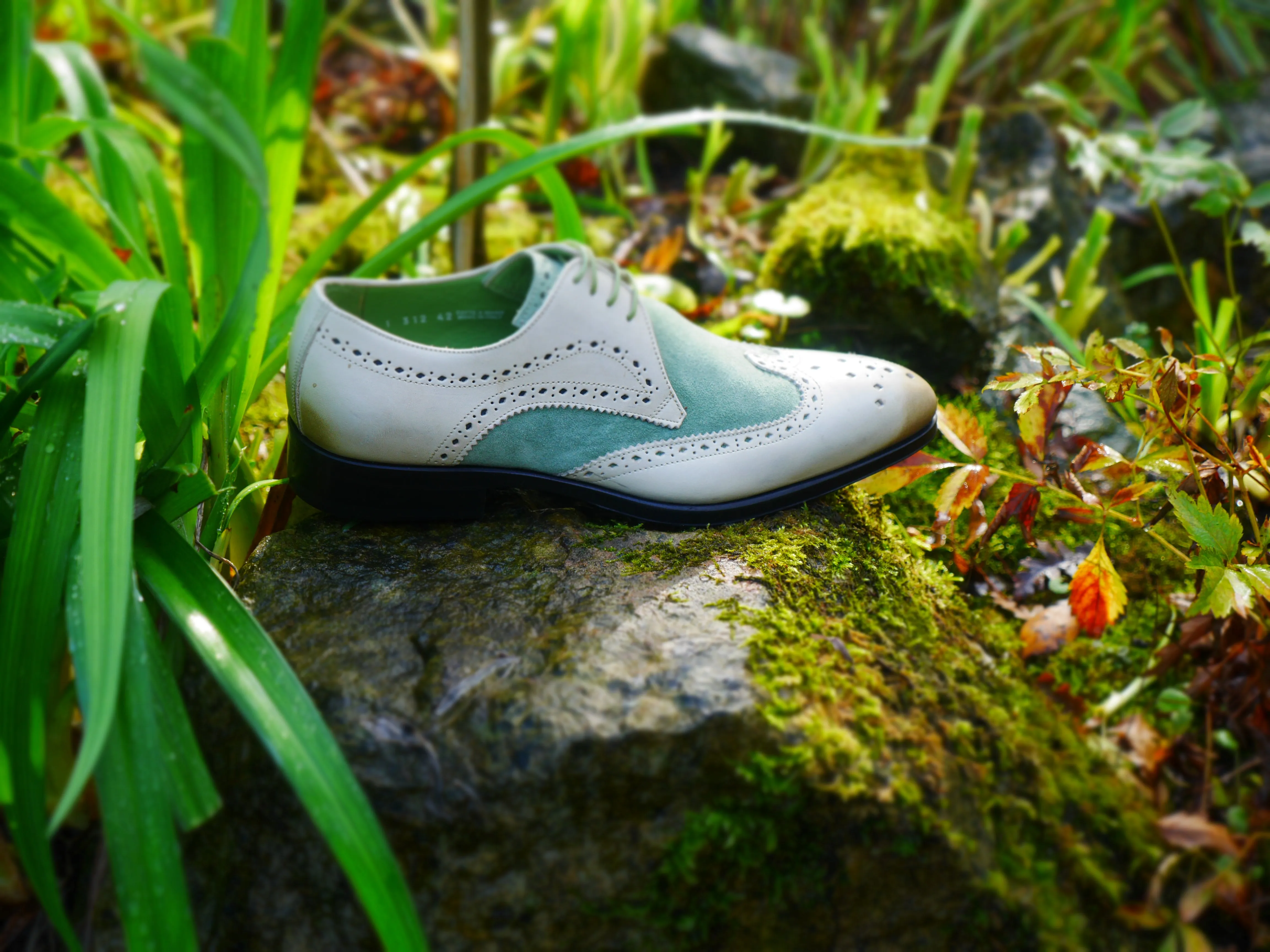 1312 - Beige With Green Suede Brogue