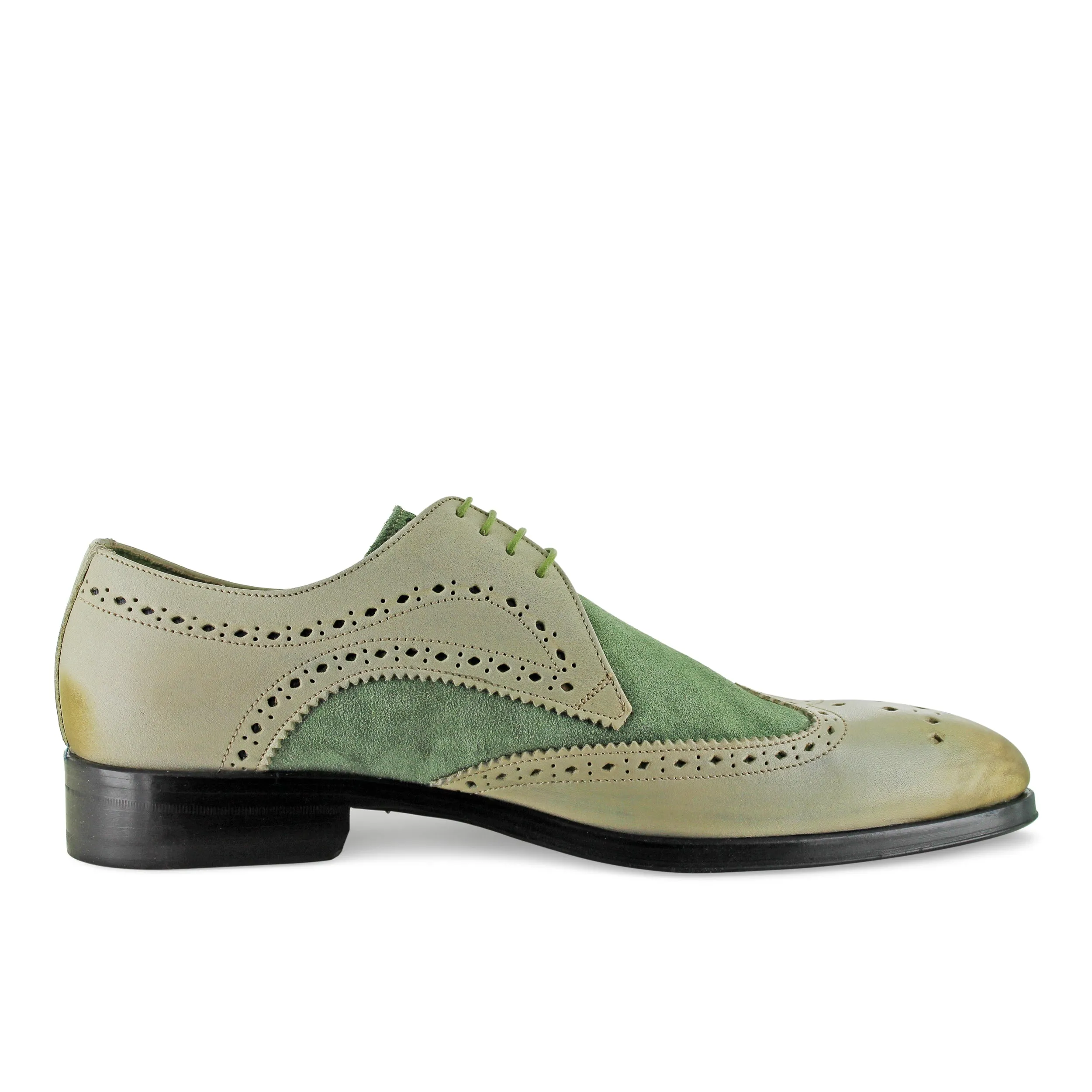 1312 - Beige With Green Suede Brogue