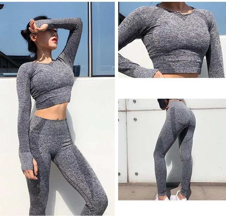 2 Pieces Long Sleeves Gym Suit Yoga Seamless Leggings Crop Top Set