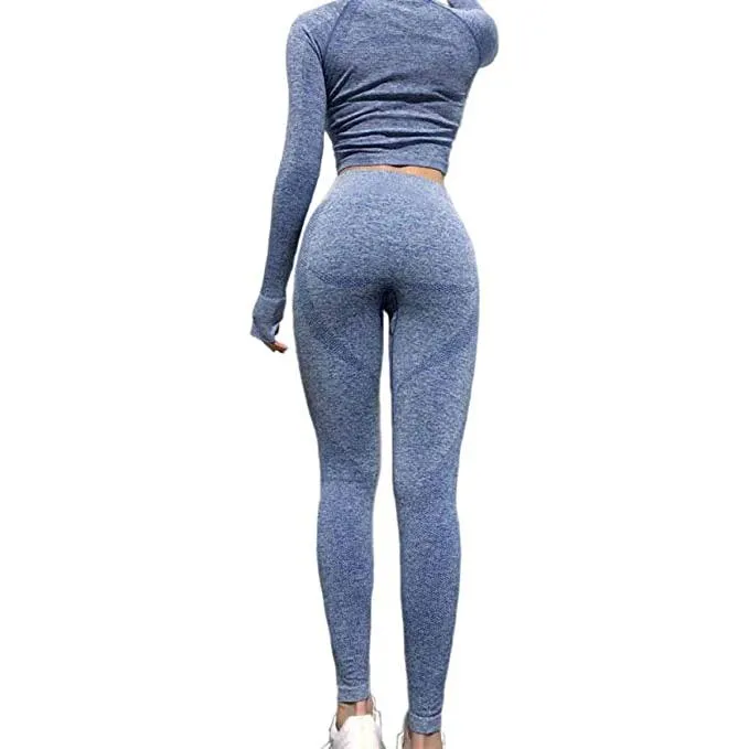 2 Pieces Long Sleeves Gym Suit Yoga Seamless Leggings Crop Top Set