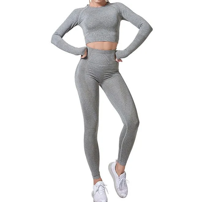 2 Pieces Long Sleeves Gym Suit Yoga Seamless Leggings Crop Top Set