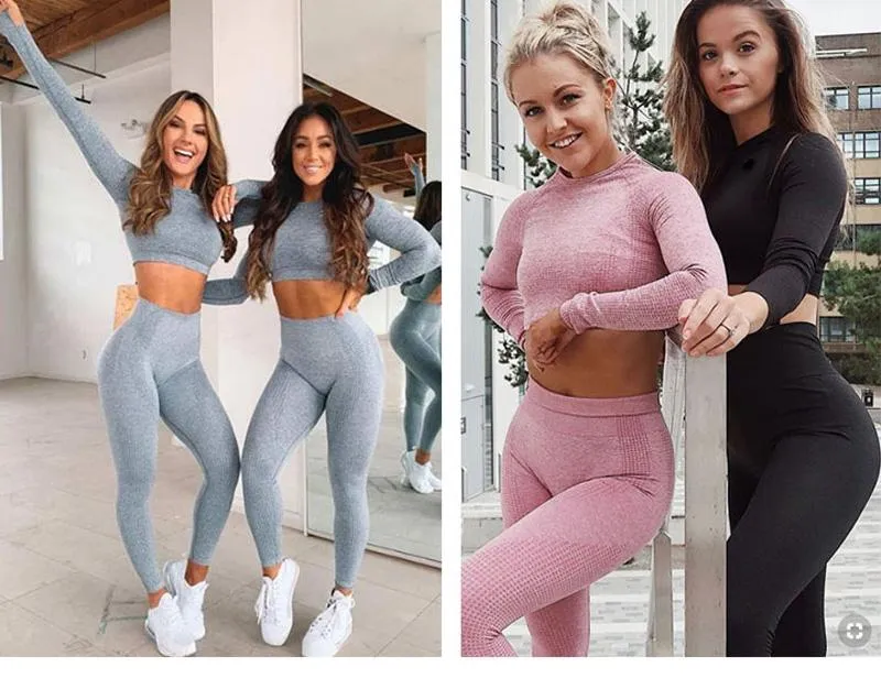 2 Pieces Long Sleeves Gym Suit Yoga Seamless Leggings Crop Top Set