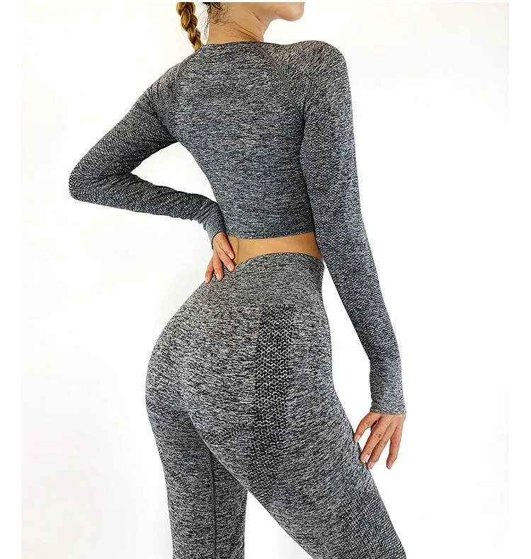 2 Pieces Long Sleeves Gym Suit Yoga Seamless Leggings Crop Top Set