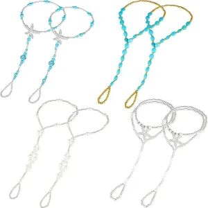4 Pairs Beach Barefoot Sandals Starfish Pearls Turquoise Beaded Elastic Foot Jewelry for Women Girls