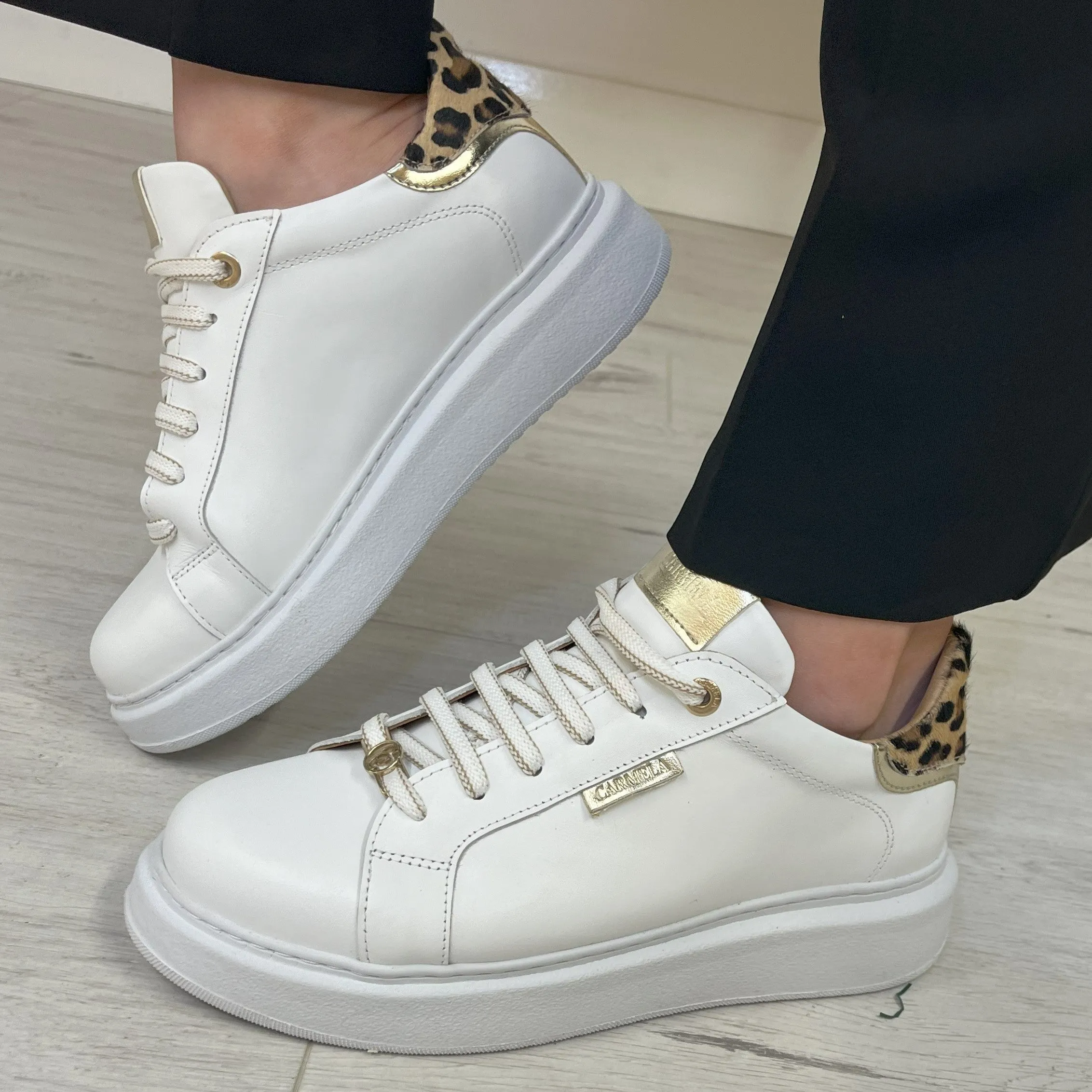 Carmela White Leather Lace Up Sneakers - Gold