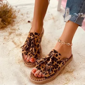 Chicvane Leopard Printed Open Toe Tasseled Flat Sandals Slides Sandals