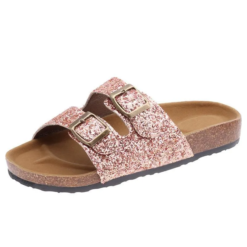 Chicvane Sequined Hollow Out Round Toe Flat Slides Shoes