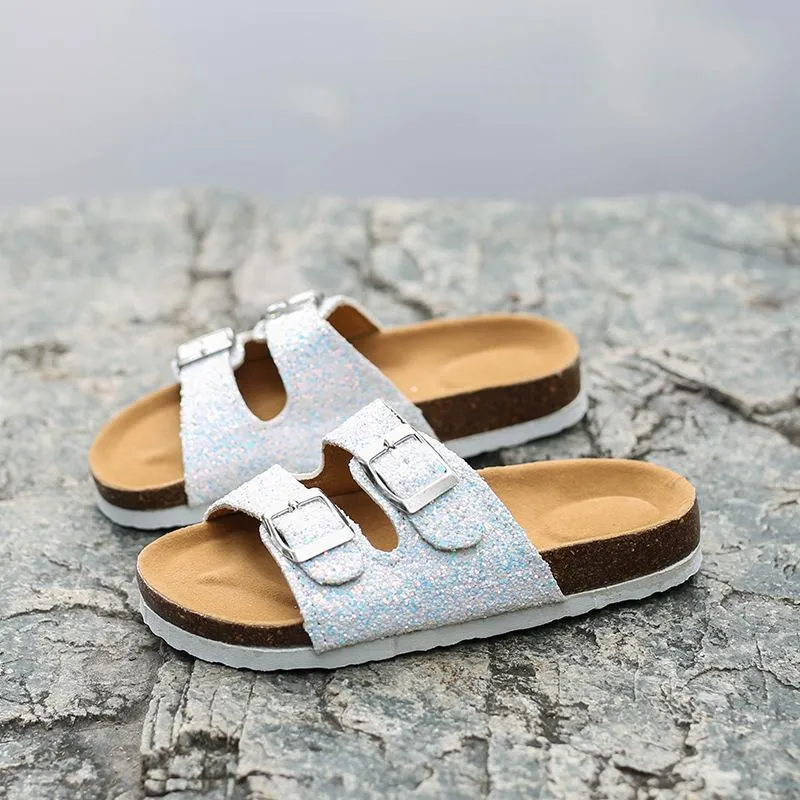 Chicvane Sequined Hollow Out Round Toe Flat Slides Shoes