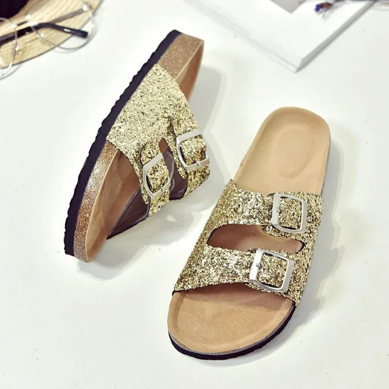 Chicvane Sequined Hollow Out Round Toe Flat Slides Shoes