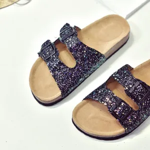 Chicvane Sequined Hollow Out Round Toe Flat Slides Shoes