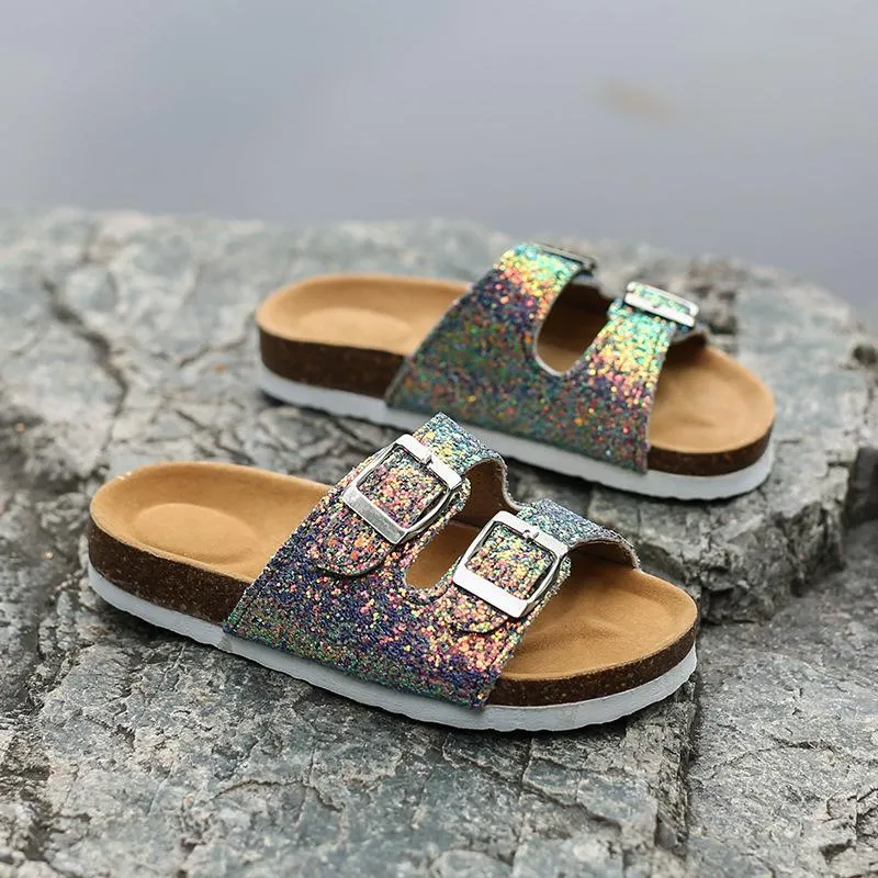 Chicvane Sequined Hollow Out Round Toe Flat Slides Shoes