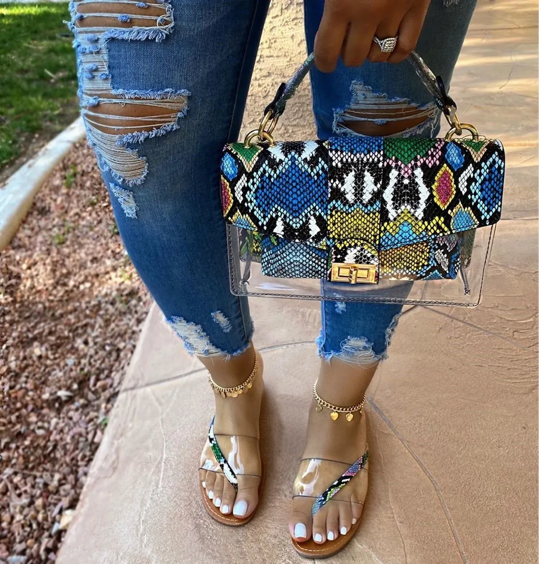 Chicvane Snakeskin Printed T-strap Thong Sandals Clear Flip Flops