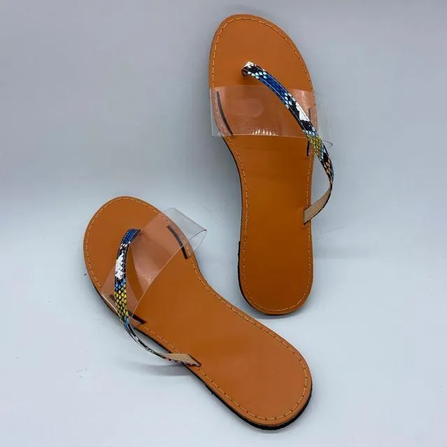Chicvane Snakeskin Printed T-strap Thong Sandals Clear Flip Flops