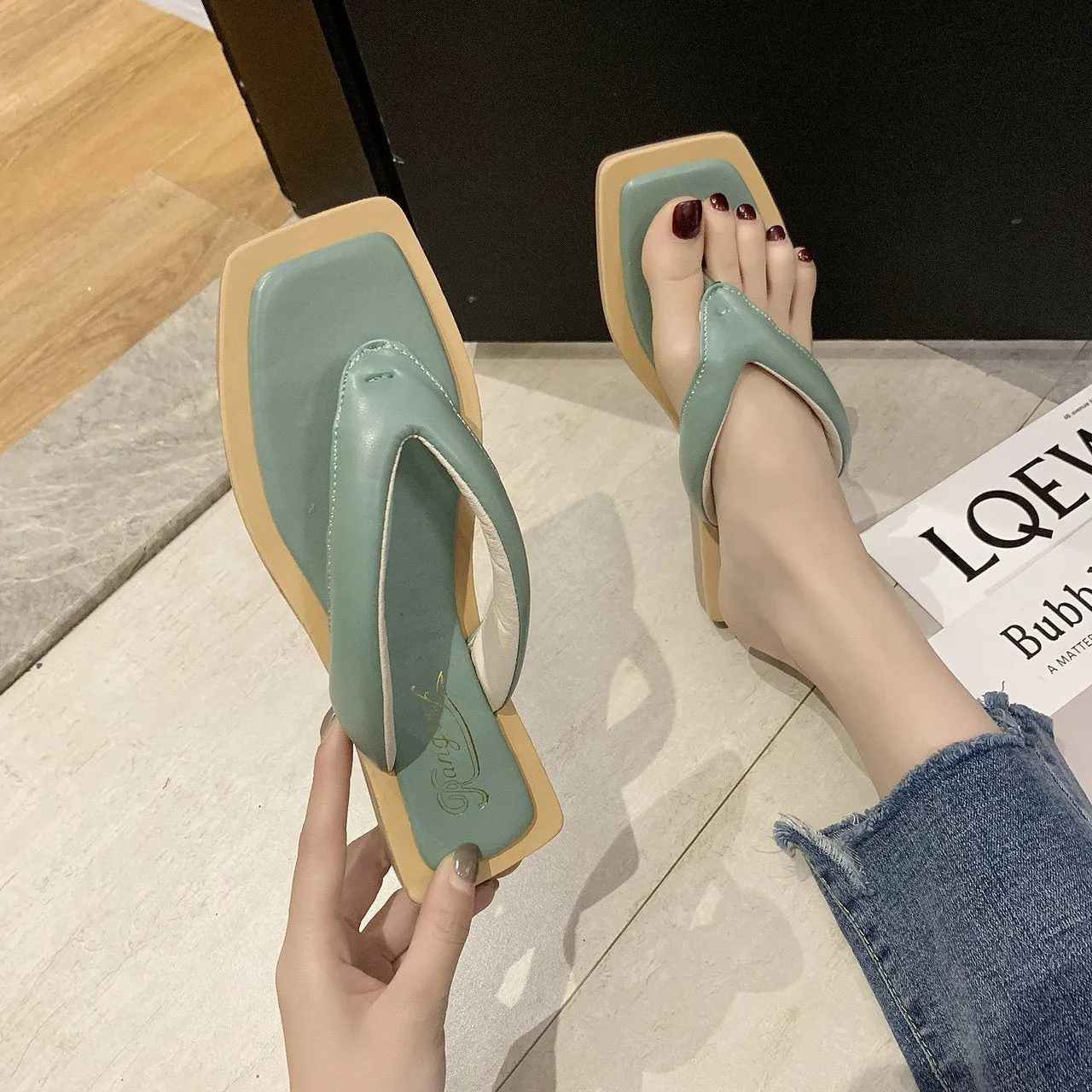 Chicvane Square Toe T-strap Thong Sandals Flip Flops