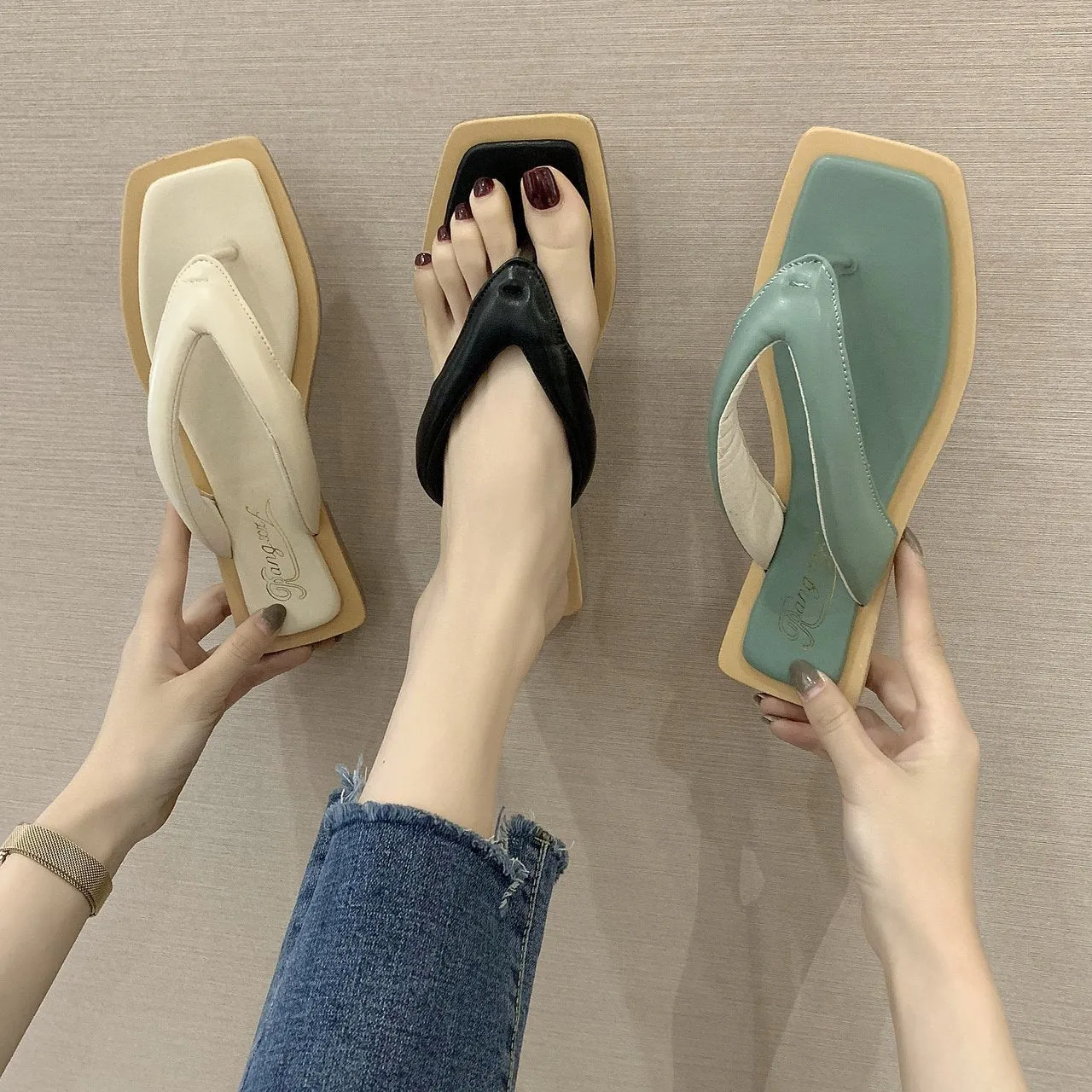 Chicvane Square Toe T-strap Thong Sandals Flip Flops