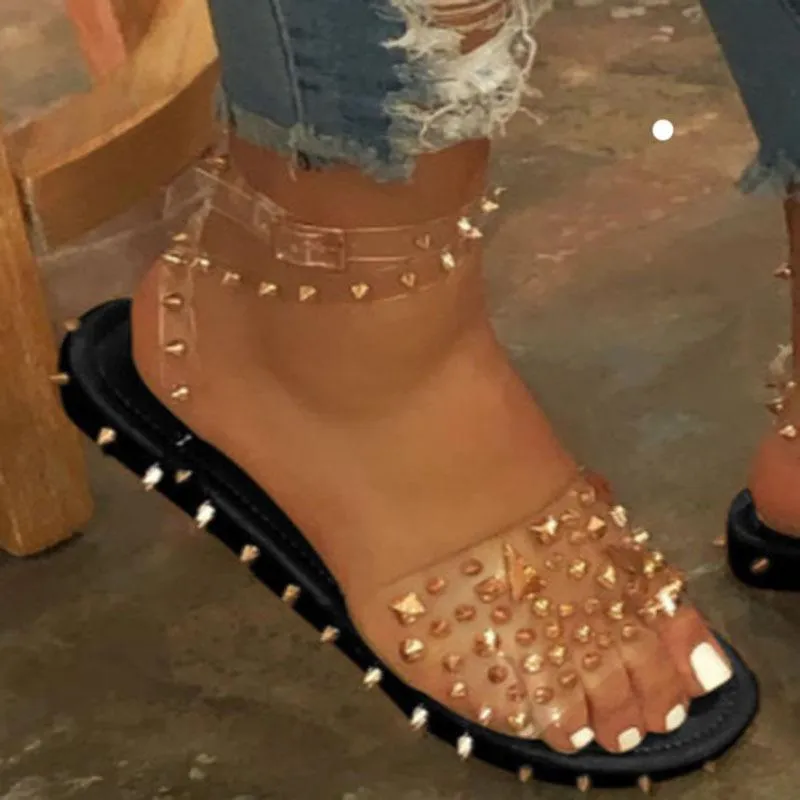 Chicvane Women Flat Sandals Summer Open Toe Rivet Transparent Sandals