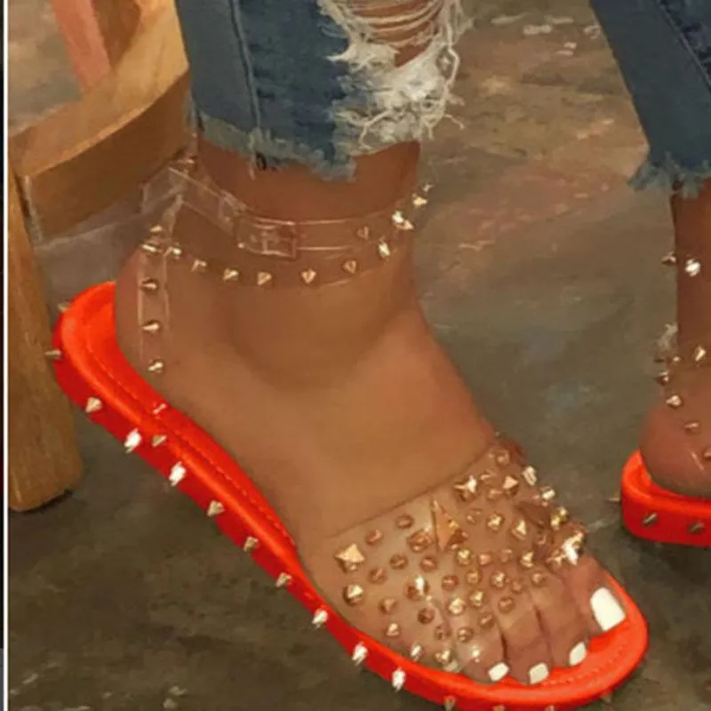 Chicvane Women Flat Sandals Summer Open Toe Rivet Transparent Sandals