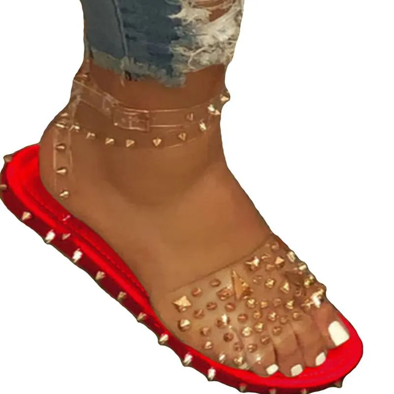 Chicvane Women Flat Sandals Summer Open Toe Rivet Transparent Sandals