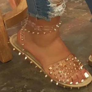 Chicvane Women Flat Sandals Summer Open Toe Rivet Transparent Sandals