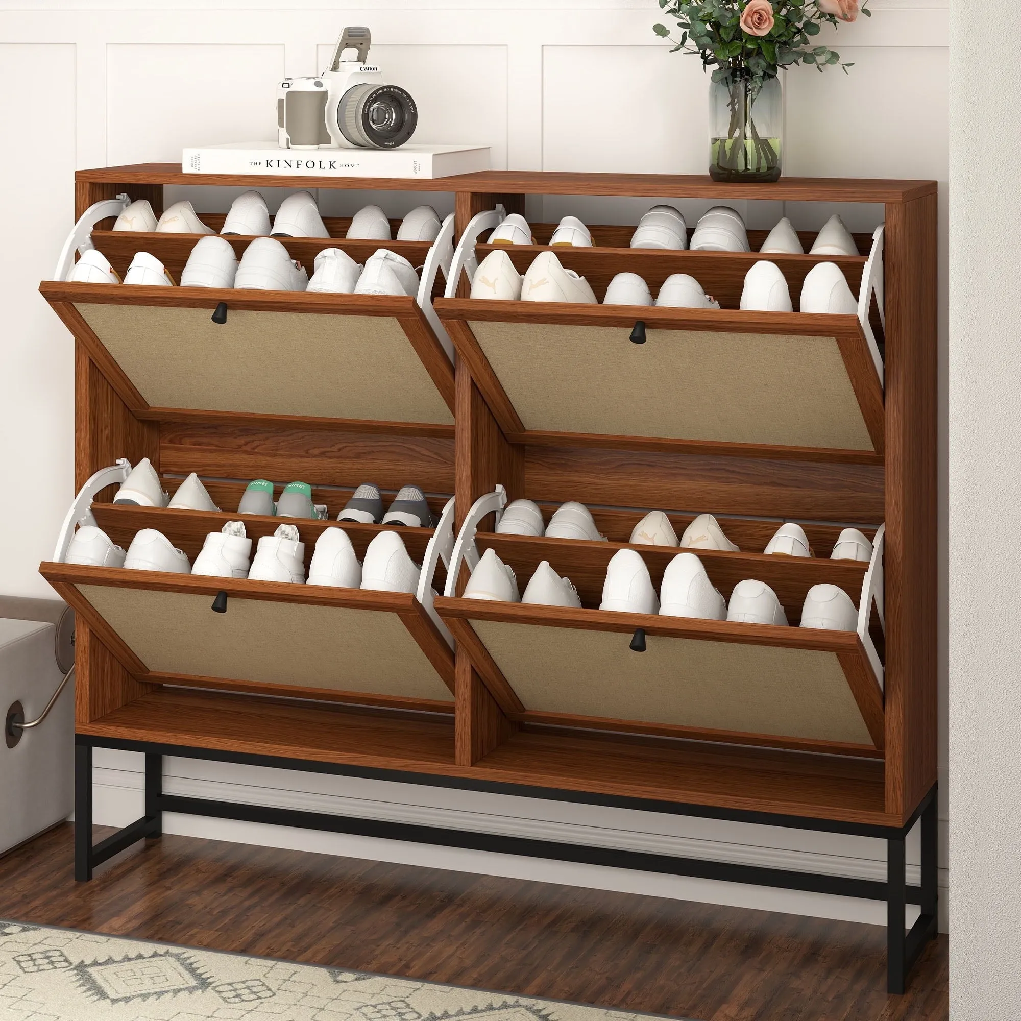 everyday Shoe Cabinet with 4 Flip Drawers, Narrow Shoe Storage Cabinet for Entryway, Walnut