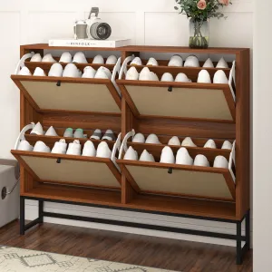 everyday Shoe Cabinet with 4 Flip Drawers, Narrow Shoe Storage Cabinet for Entryway, Walnut
