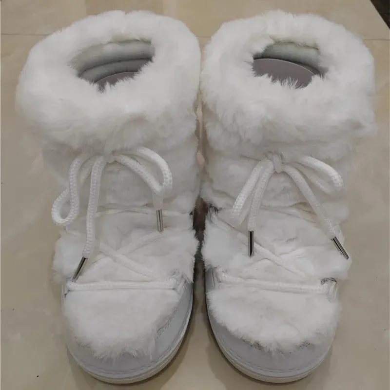 Fluffy Fur Boots 2024 Winter Fashion Sexy Faux Fox Fur Snow Boots Ladies Furry Warm Cotton Boots Female Outdoor Ski Boots