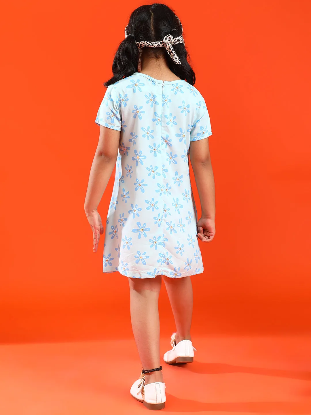 Girls Sky Blue Cotton & Rayon Regular Fit Stripes Dress with Jacket