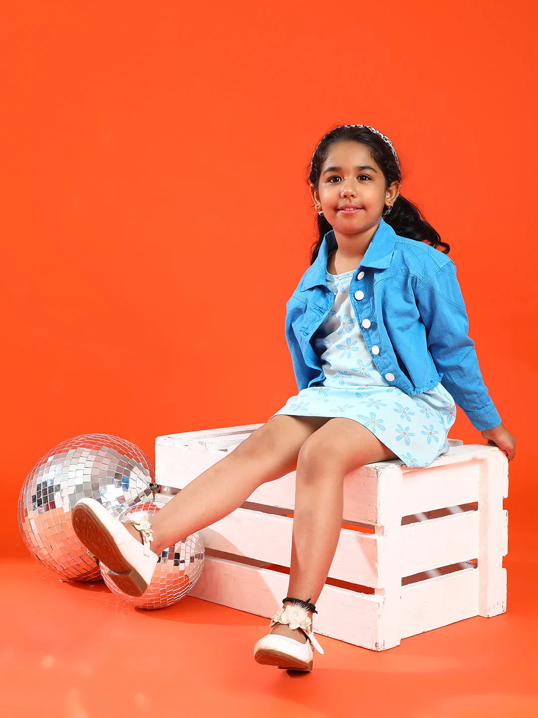 Girls Sky Blue Cotton & Rayon Regular Fit Stripes Dress with Jacket