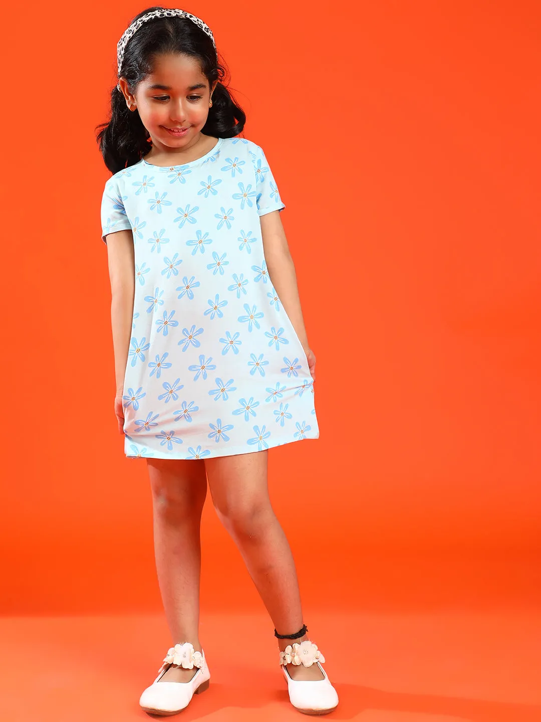 Girls Sky Blue Cotton & Rayon Regular Fit Stripes Dress with Jacket