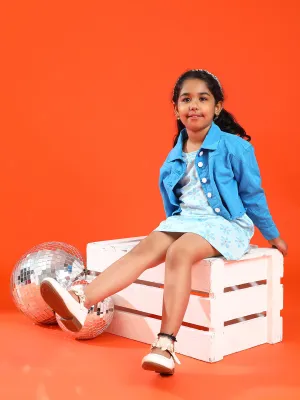 Girls Sky Blue Cotton & Rayon Regular Fit Stripes Dress with Jacket