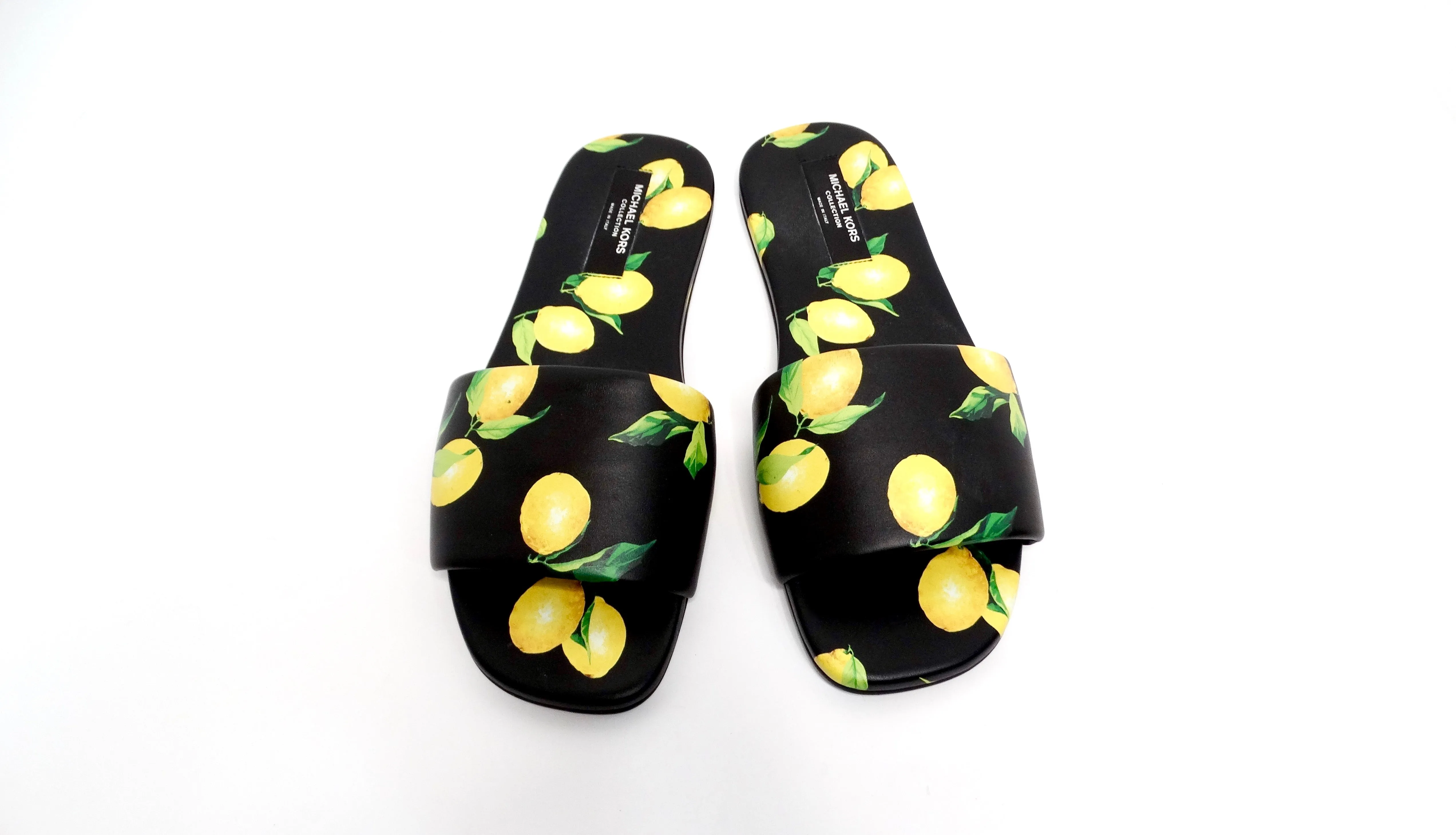 Michael Kors Collection Lemon Print Leather Delphine Slides