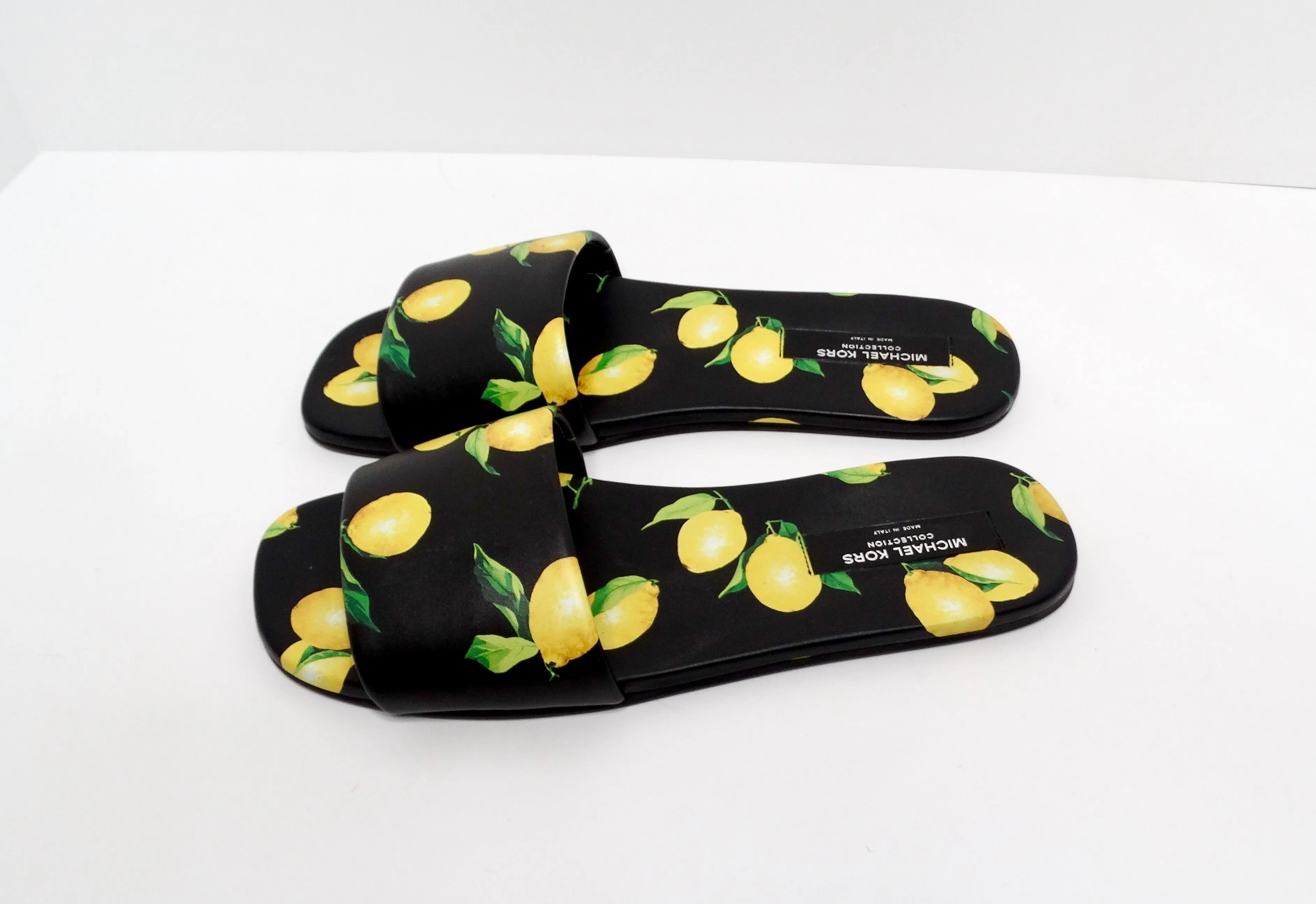 Michael Kors Collection Lemon Print Leather Delphine Slides