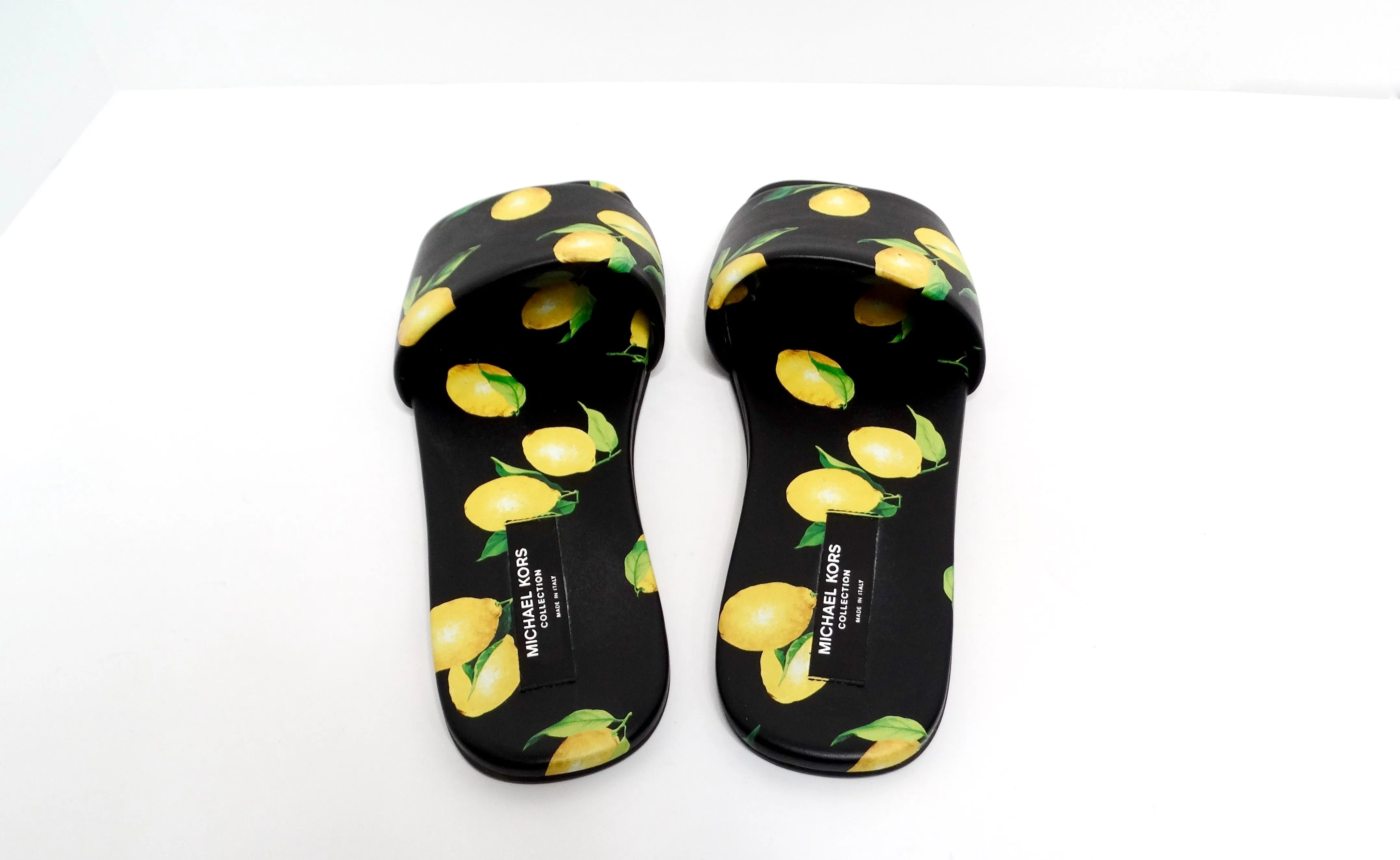 Michael Kors Collection Lemon Print Leather Delphine Slides
