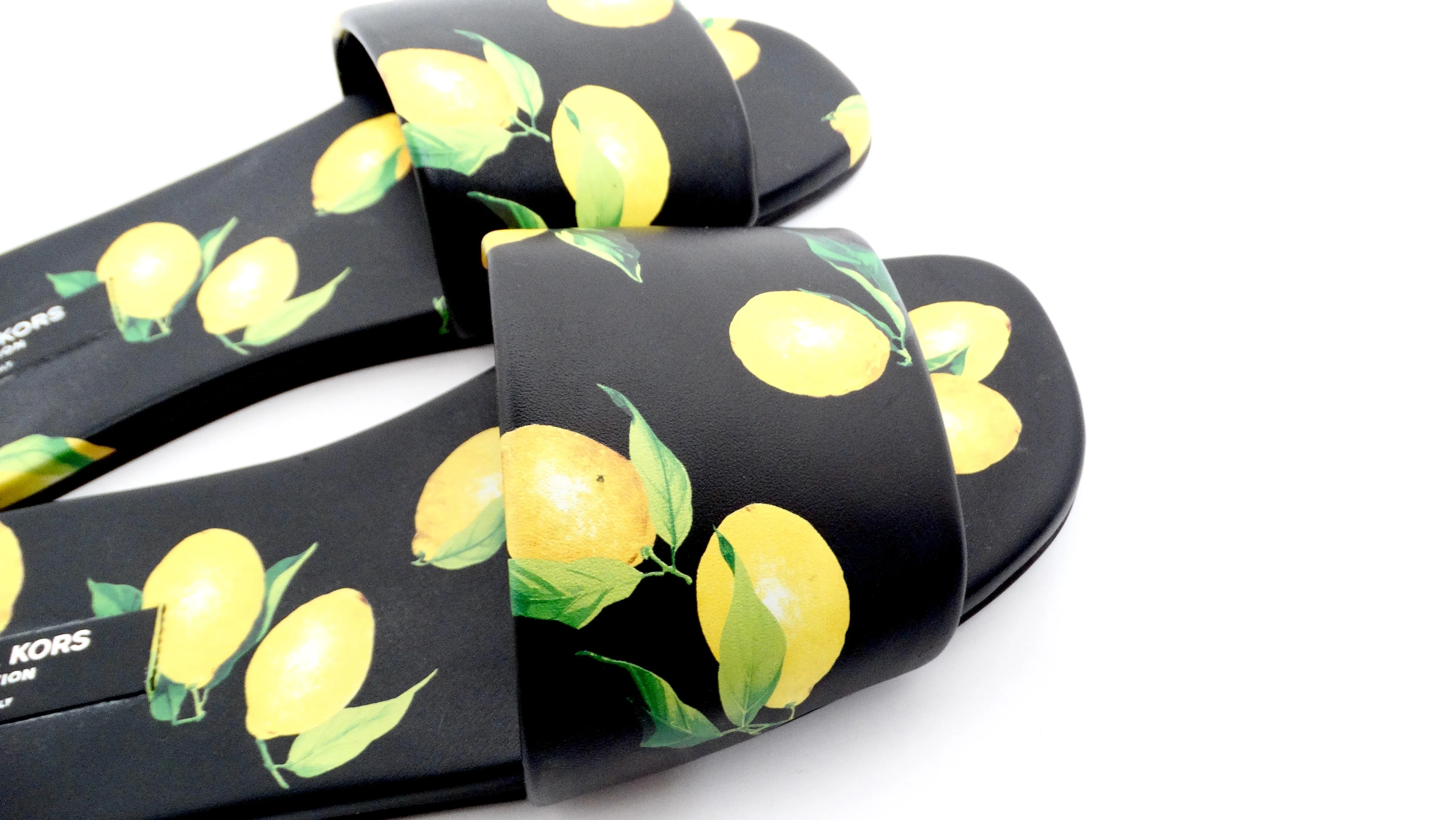 Michael Kors Collection Lemon Print Leather Delphine Slides