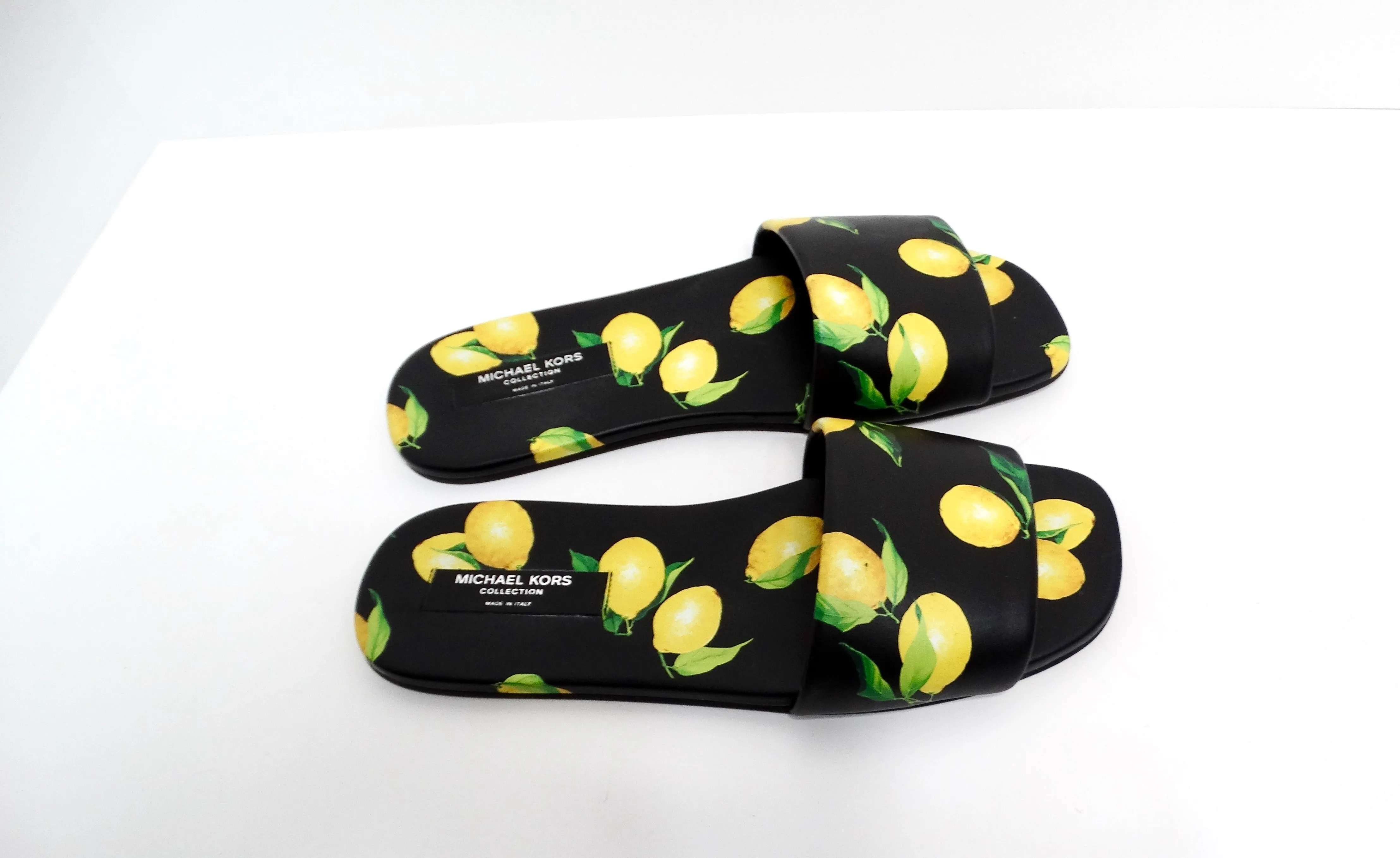 Michael Kors Collection Lemon Print Leather Delphine Slides