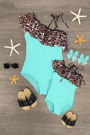 Mom & Me - Mint & Cheetah Ruffle One Piece Swimsuit
