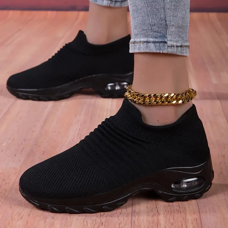 NEW Retails $75  Women's Breathable Knit Chunky Sneakers, Casual Slip On Air Cushion Shoes, Lightweight Low Top Sock Shoes, Pure Black, Sz 11