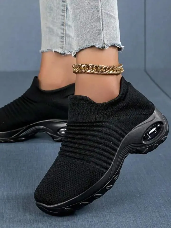 NEW Retails $75  Women's Breathable Knit Chunky Sneakers, Casual Slip On Air Cushion Shoes, Lightweight Low Top Sock Shoes, Pure Black, Sz 11