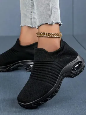 NEW Retails $75  Women's Breathable Knit Chunky Sneakers, Casual Slip On Air Cushion Shoes, Lightweight Low Top Sock Shoes, Pure Black, Sz 11