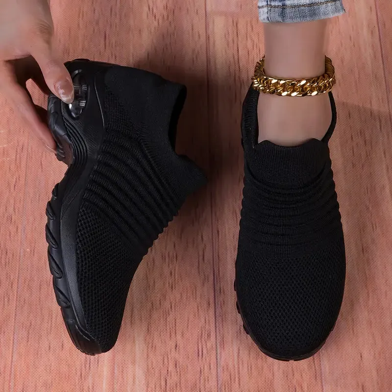 NEW Retails $75  Women's Breathable Knit Chunky Sneakers, Casual Slip On Air Cushion Shoes, Lightweight Low Top Sock Shoes, Pure Black, Sz 11