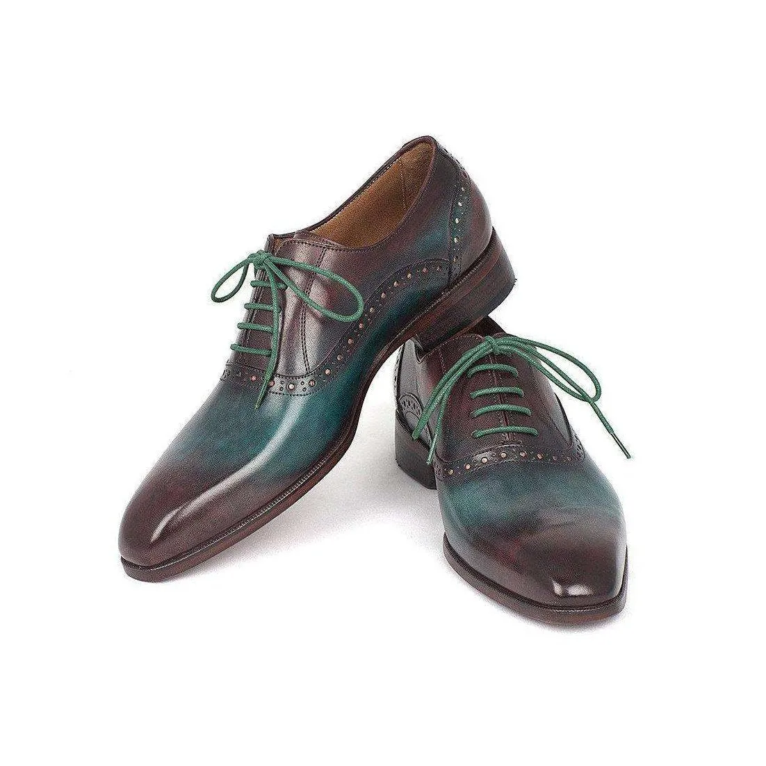 Paul Parkman Handmade Designer Shoes Men's Green & Bordeaux Plain Toe Oxfords (PM5409)