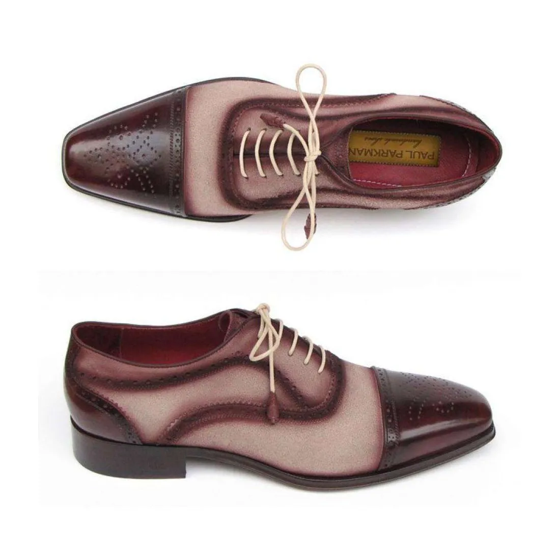 Paul Parkman Handmade Designer Shoes Men's Handmade Designer Shoes Captoe Burgundy Beige Oxfords (PM5221)