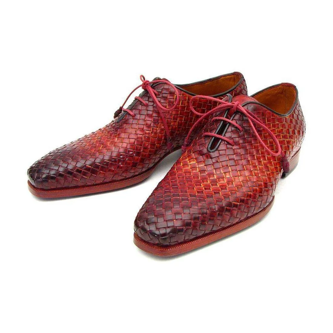 Paul Parkman Handmade Designer Shoes Men's Handmade Designer Shoes Woven Leather Bordeaux / Tobacco Oxfords (PM4003)