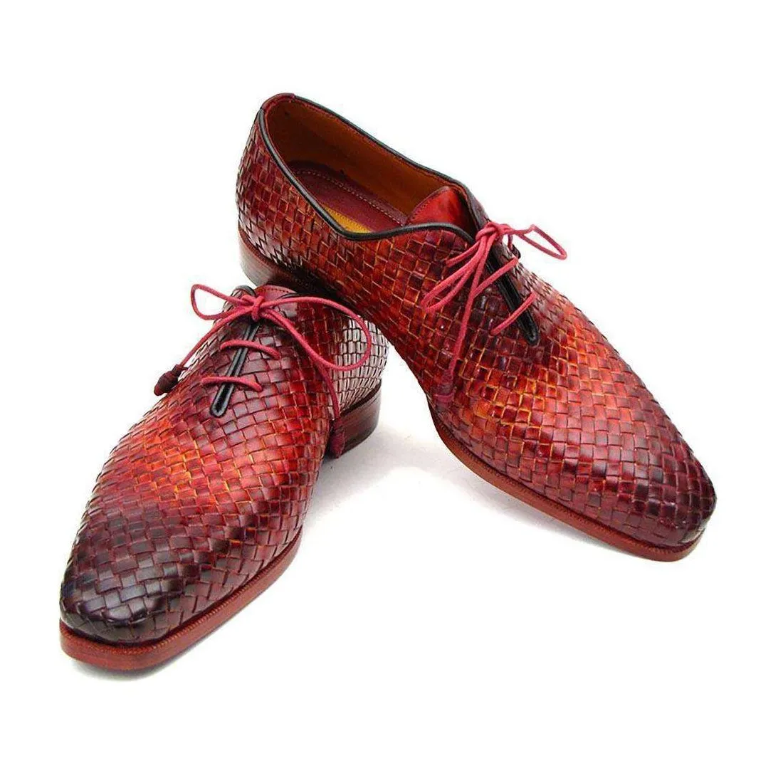 Paul Parkman Handmade Designer Shoes Men's Handmade Designer Shoes Woven Leather Bordeaux / Tobacco Oxfords (PM4003)