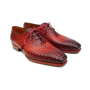 Paul Parkman Handmade Designer Shoes Men's Handmade Designer Shoes Woven Leather Bordeaux / Tobacco Oxfords (PM4003)