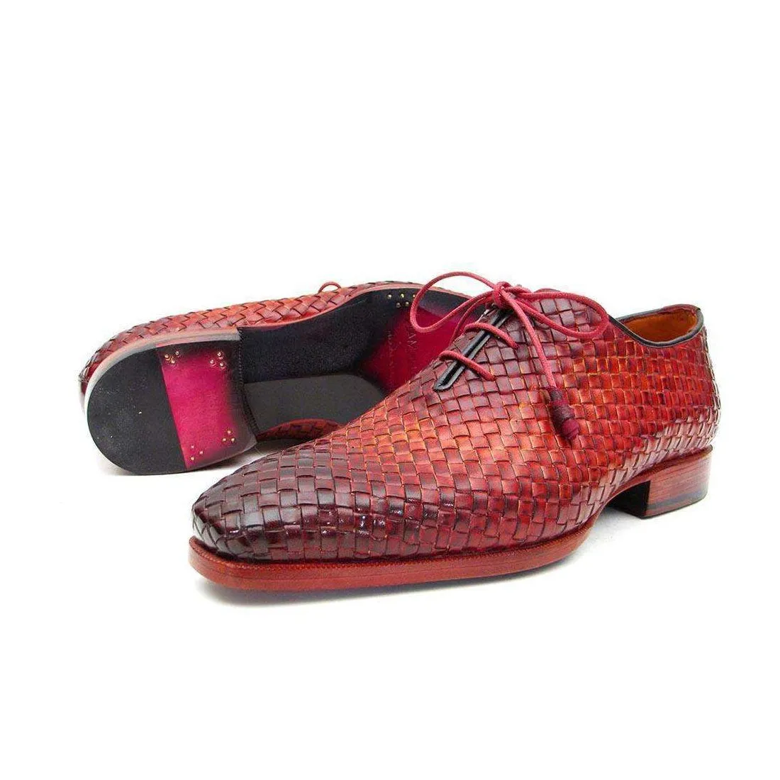 Paul Parkman Handmade Designer Shoes Men's Handmade Designer Shoes Woven Leather Bordeaux / Tobacco Oxfords (PM4003)