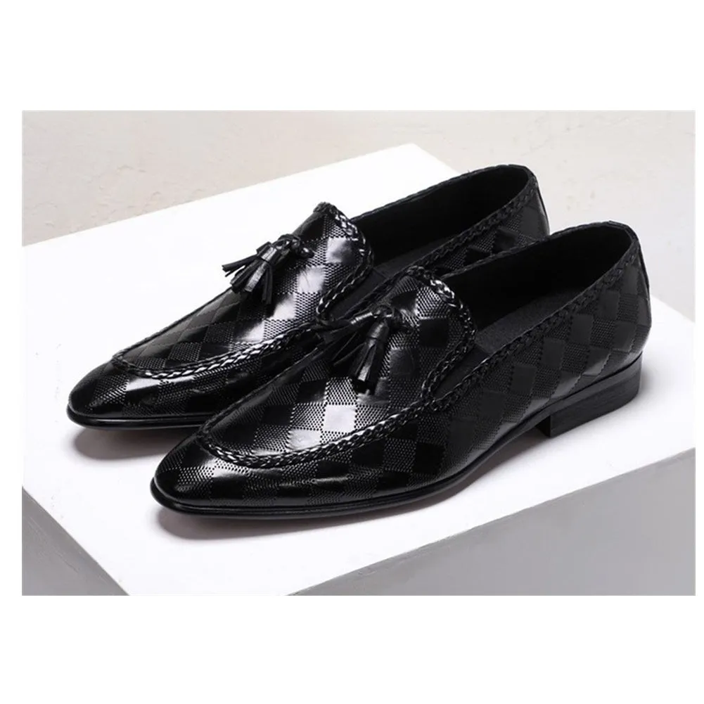 Retro British Style Rhomboids Oxford for Men Formal Shoes Low Top Slip On Style Tassels Pointed Toe Block Heel Genuine Leather