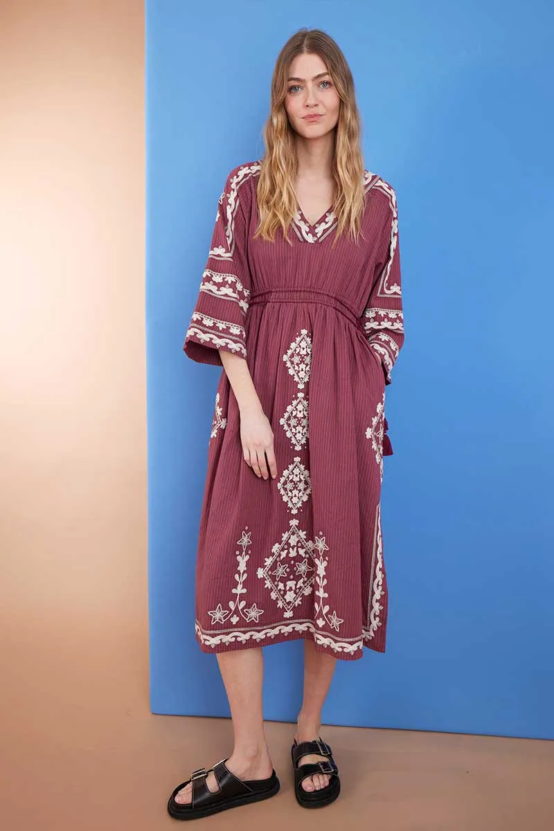 Reva Sangria BCI Cotton Embroidered Dress