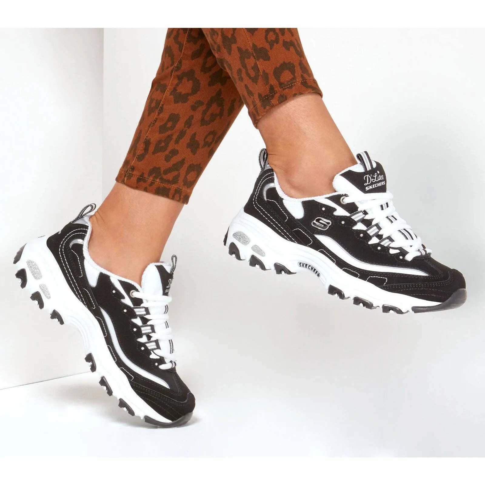 Skechers 11930 D'Lites Black White Lace Up Platform Trainers
